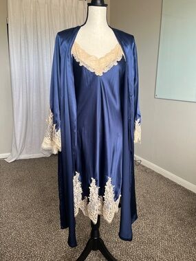 Silksilky 100% Silk Nightgown & Robe Set Navy Blue Lace Trim Slip Dress L/XL
